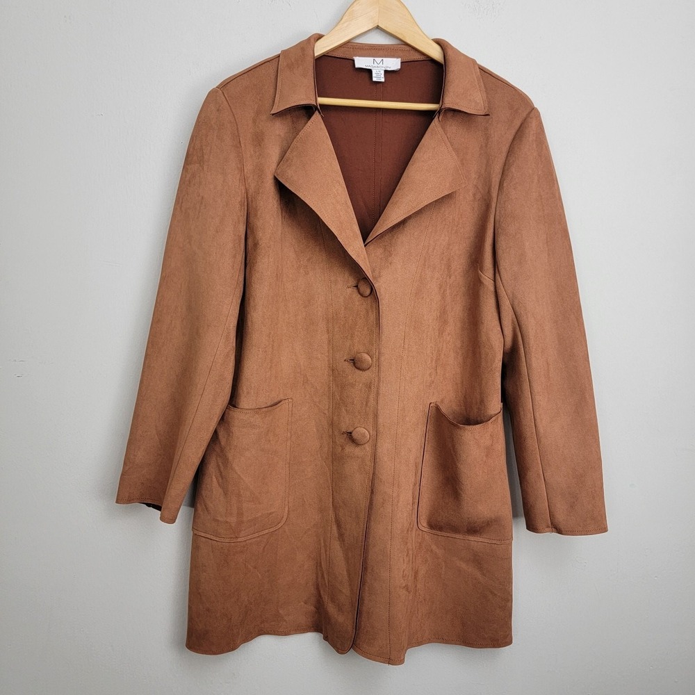 Magaschoni Brown Faux Suede Button Front Jacket Blazer Womens Size L Pockets